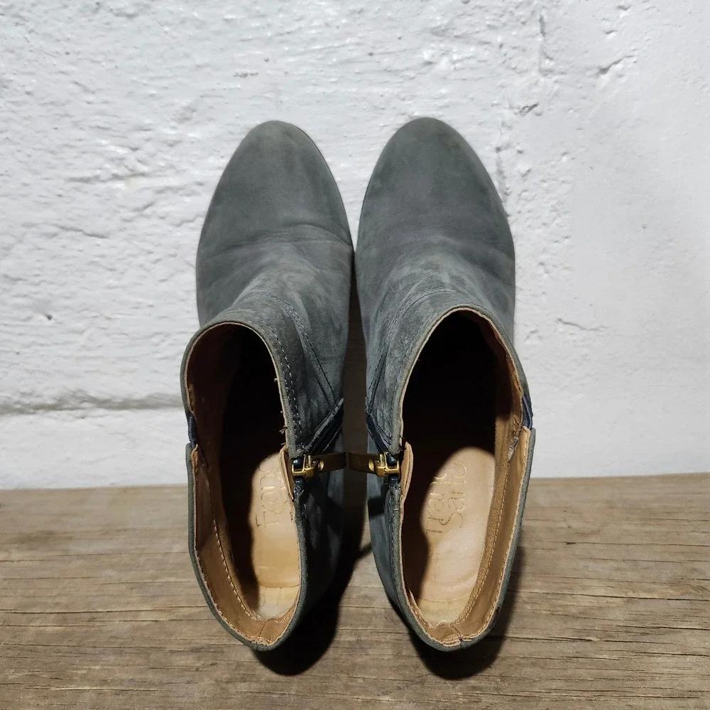 Franco Sarto L-Domino Gray Leather Ankle Boots Block Heel Side Zip Womens 9M